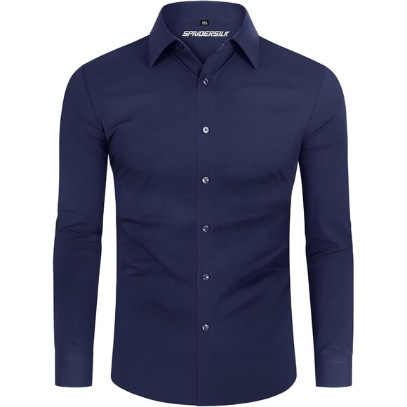 Men Navy Long Sleeve Slim Muscle Fit Wrinkle Free Button Down Dress Shirts - Picture 8 of 9